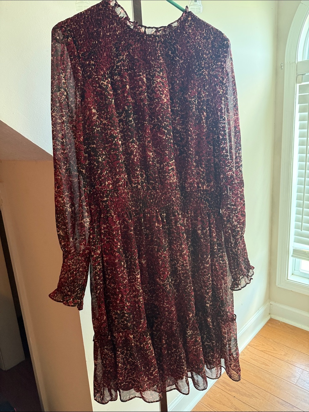 Just Taylor Women's Burgundy Floral Long-Sleeve Smocked Dress